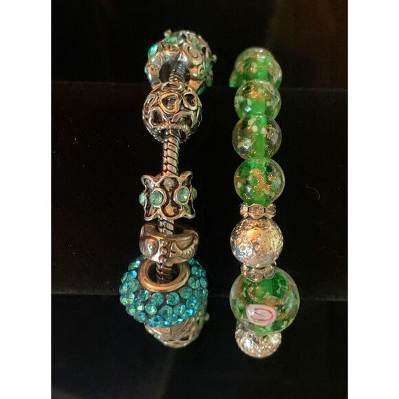 Vintage Green and Blue Bead and Crystal Bracelets in Silver tone, Unmarked - Picture 1 of 5